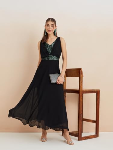 Latin Quarters Women's Black V-Neck Sleeveless Solid Party A-Line Dress_M