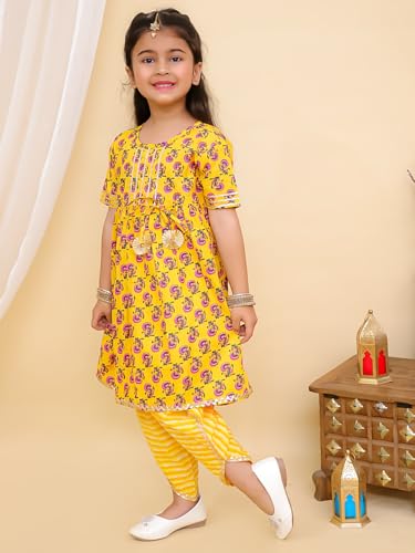 superminis Baby Girls Printed Frock Style Kurti With Dhoti Style Salwar Ethnic Dress (Yellow, 4-5 Years)