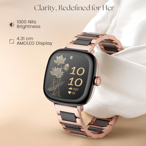 Titan AiRA 1.70" AMOLED Metal Case Square Display Smart Watch with Silicone Strap Stress Monitoring, 1000 Nits, Functional Crown, AI Enabled, IP68 Water Resistant Upto 7 Days Battery Life - Rose Gold