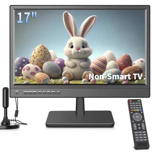 Jexiop 17 inch TV, small flat screen TV with ATSC digital tuner - HDMI & USB port in-dual power - 12 Volt charger cable and AC power suitable-for caravan, kitchen, bedroom