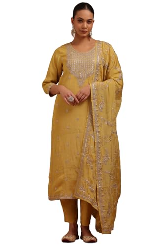 Soch Womens Mustard Tissue Embroidered Suit Set With Zari