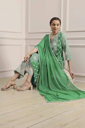 Biba Women's Green Cotton A-Line Printed Suit Set