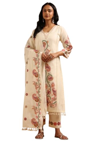 Soch Womens Off White Cotton Botanical Embroidered Salwar Suit