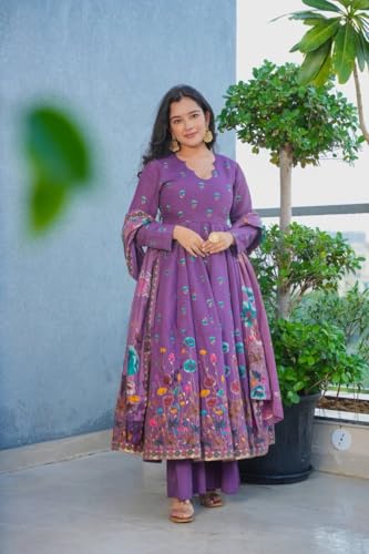 VARNI FABRICS: A lady's First Love Women's Floral Printed Anarkali Muslin Kurta Set With Dupatta, Full Sleeve, Ethnic Wear for Women (IN, Alpha, M, Regular, Purple)