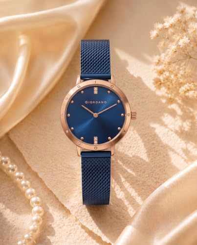 Giordano Analog Quartz Watch for Women with Round Dial, Two-Hand Display, Crystal-Studded Hour Markers and Bezel and Stainless Steel Mesh Strap - A2085