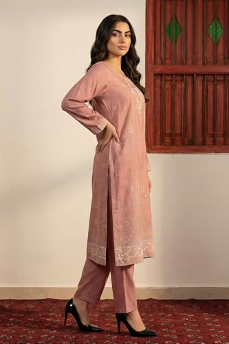 W for Woman Pink Geometric Printed Buttons Straight Kurta with Pant and Dupatta Set - (WS13310-314579-3XL)