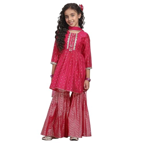 Biba Girl's Pink Polyester Blend Printed Gathered Suit Set