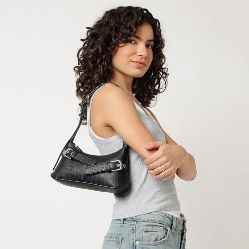 Fastrack Buckle Up Black Shoulder Bag | Faux Leather bag with Front Buckle Accent | Zip Closure Shoulder Bag with Adjustable Strap & Spacious Compartment with Organizer Pockets