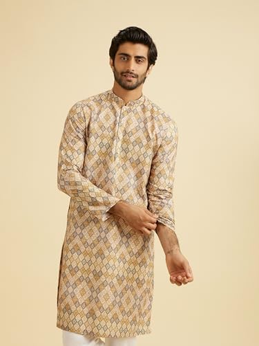 Manyavar Men's Viscose Blend Print Long Kurta (Fawn,XL)