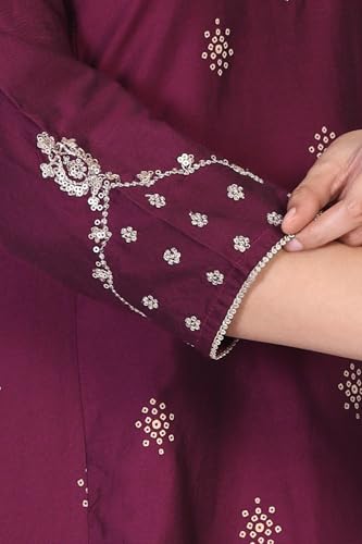 W for Woman Purple Embroidered Zari Sequined Straight Silk Blend Kurta with Straight Pant and Dupatta Set (WS13398-126131-S)
