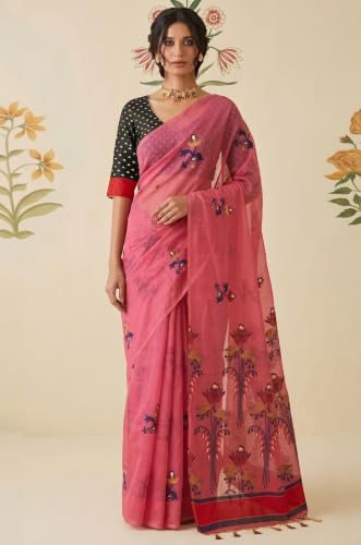 Label Aarna Women's Blush Pink Cotton Saree with Unstitched Blouse Piece | Woven | Motifs Across Pallu | Indian Ethnic Wear