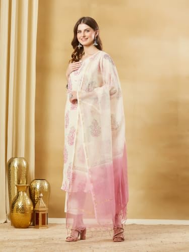 Divena Pink Floral Cotton Round Neck Kurta Sets with Dupatta