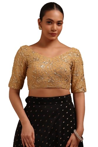Soch Womens Gold Georgette Embroidered Padded Blouse with Zari