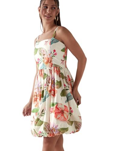 Bewakoof Women's All Over Print Regular Fit Sleeveless Square Neck Cotton-Poplin Dress_645122_White_2XL