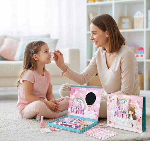 Big Size Kids Washable Makeup Kit Fold-Out Makeup Palette with Mirror Non-Toxic & Safety Tested Pretend Cosmetic Toy Set for Girls Washable Play Makeup Gift for Kids