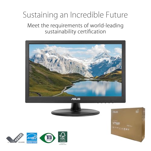 ASUS 15.6" 1080P Touch Monitor (VT169HE) - Full HD, 10-Point Touch Display, IPS, Wide Viewing Angle, Frameless, Eye Care, No Flicker, Low Blue Light, HDMI, Compliance