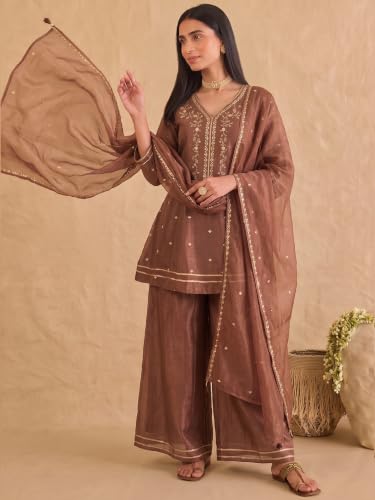 Varanga embroidered brown kurta set with palazzo and dupatta.