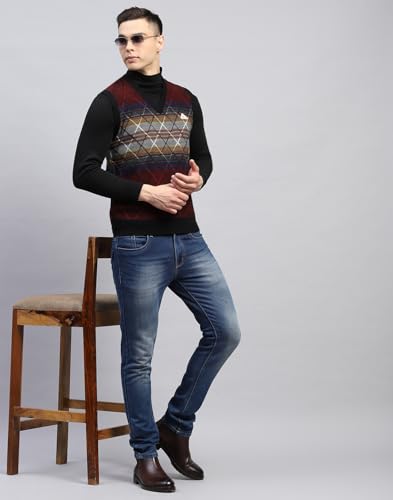 Monte Carlo Mens Self Design Maroon V Neck Sleeveless Sweater (1243215SL-2-44)