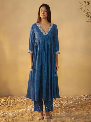 Arangya Embroidered Neckline Blue Kurta & Sequin Work Pant l Pure Cotton Flared Ethnic Wear Suit Set l Festival