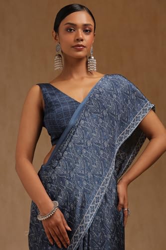 Soch Womens Blue Crepe Ethnic Motifs Saree