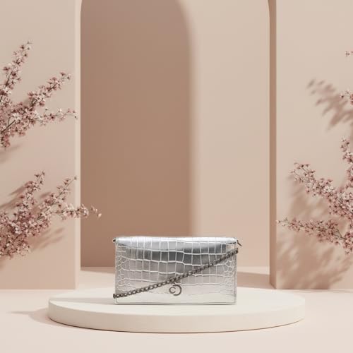 Caprese Vega Textured Flap Wallet Convertible Sling for Women | 2-in-1 Handheld Clutch & Shoulder Bag with Detachable Gold Chain | Premium Designer Mobile & Cash Sling with Magnet Snap (Silver)