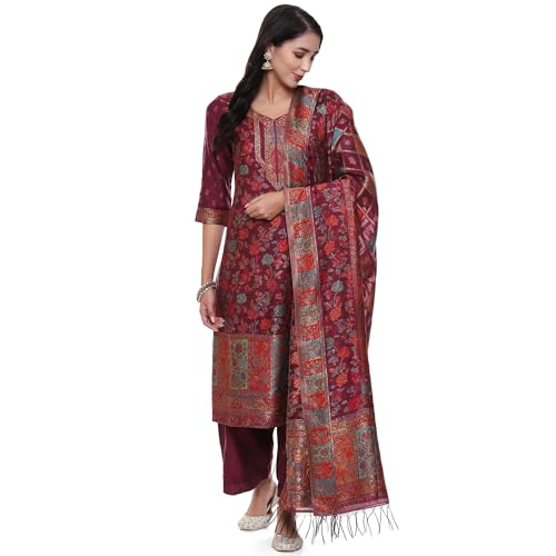 BIBA Women YARNDYED STRAIGHT KURTA SALWAR KURTA DUPATTA(SKDARTSY WE9102_WINE_34)
