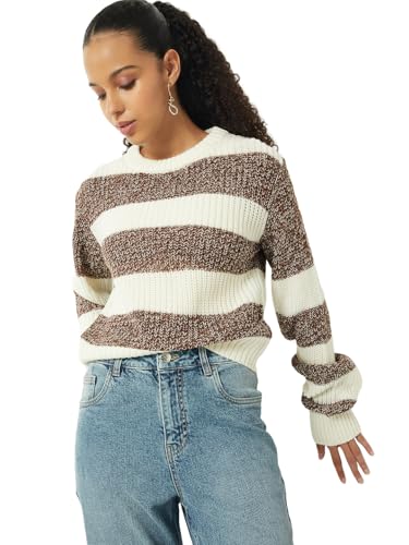 Max Women Boxy Fit Striped Sweater (Green_M)