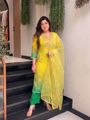 VARNI FABRICS: A lady's First Love Women's Yellow Silk Blend Embroidered Straight Kurta Set With Pant And Dupatta