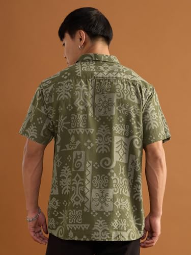 The Souled Store Nomad: Aztec Men and Boys Short Sleeve Spread Collar Green All Over Print Casual Trendy Easy to Style Cotton Relaxed Shirt