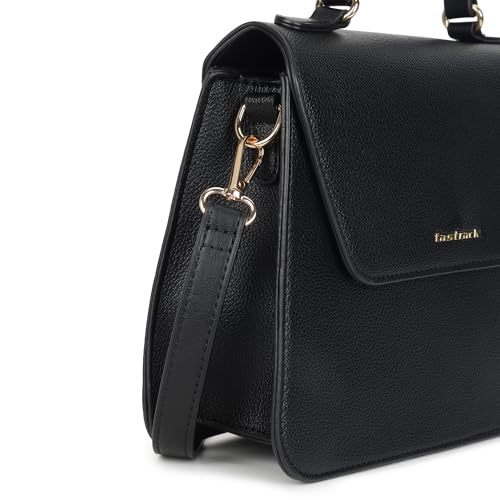 Fastrack Black EdgePlay Satchel | Faux-Leather Women's Handbags | Structured Satchel with Flap + Zipper Closure, Detachable Strap & Top Handle | Gold Hardware | Everyday Carry