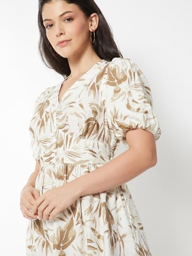 Max Women Printed Fit & Flare Dress (White_M)