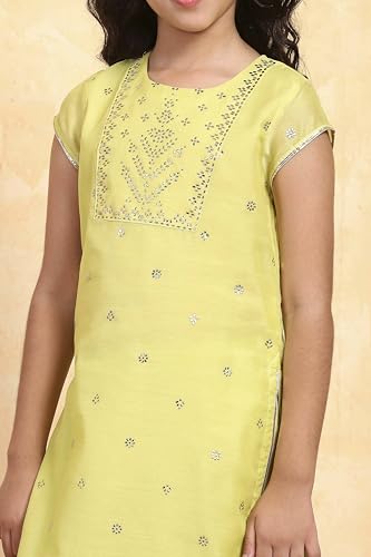 BIBA Girl's Lime Yellow Polyester Straight Printed Suit Set