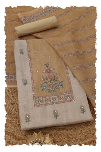Soch Womens Beige Linen Floral Dress Material With Faux Mirror