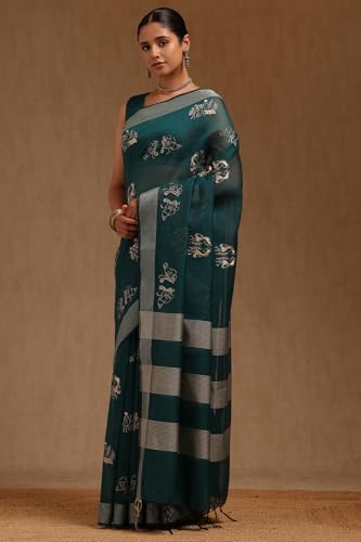 Soch Womens Green Chanderi Warli Print Saree With Thread Work