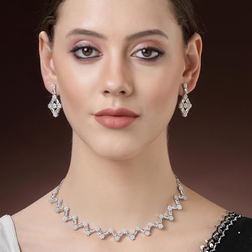 ZENEME Rhodium-Plated American Diamond Studded Trendy Necklace With Earrings Jewellery Set For Girls and Women (White)
