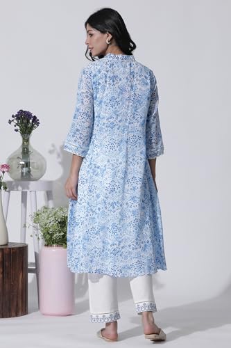 W for Woman White & Blue Printed Flared Cotton Kurta with Pants Set_24ONWS10528-123075_S