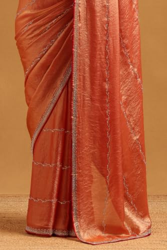 Soch Womens Peach Fendy Organza Stone Work Embellished Saree