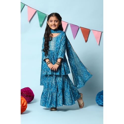 BIBA GIRL PRINTED FLARED KID(KW4948_TEAL BLUE_9)