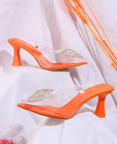 JM LOOKS Women Stylish Fashionable Party Heel Kitten Heel Sandal Embellished Heel Pointed Toe Back Strap for Wedding Party Evening Prom - Orange