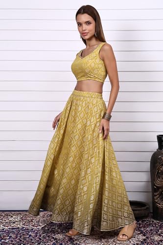Aurelia Women's Lime Green Digital Printed Beads Straight Crop Top, Flared Skirt and Dupatta Set (Size: XS)-AS16171-509919