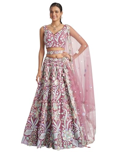 Zeel Clothing Women's Sequins Embroidered Work Soft Net Lehenga Choli With Dupatta (6020-Pink-Women-Lehenga-Choli-New; Free size)