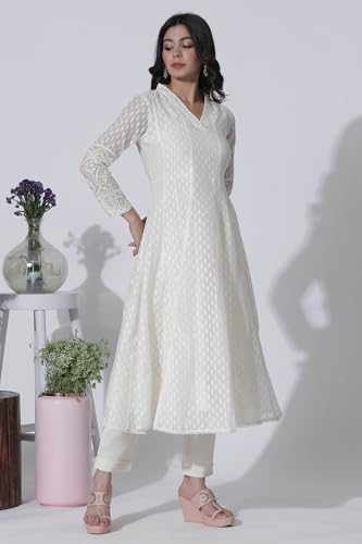 W for Woman Off-White Cotton Blend Anarkali Embroidered Kurta, Straight Pants and Dupatta Set (Size: XS)-24FESP10670-313617