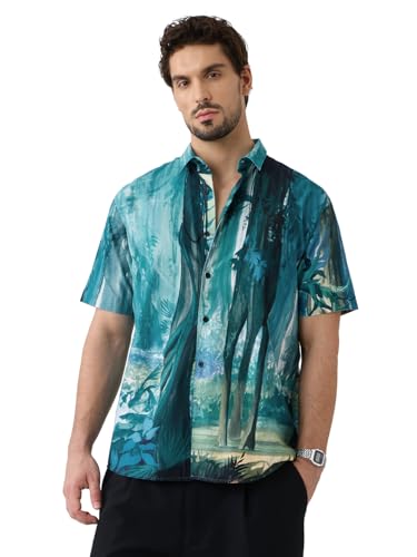 The Souled Store Jungle Book: Into The Wild Men and Boys Short Sleeves Collared Neck Button Front Blue Printed Cotton Blend Regular Fit Holiday Shirts