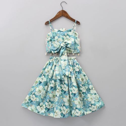 Leons Fab Girl's Floral Printed Scalloped Cut Back Tie Knot Top With Lehenga (11-12 Years, Green)
