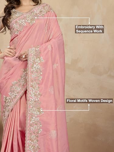 TRENDMALLS Women's Jacquard Silk Embroidery work Saree with Unstitched Blouse Piece (K1063-Peach)