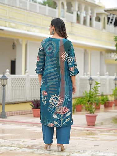 Divena Blue Pure Crepe Sigital Print Kurta Pant Set with Dupatta-DK2176