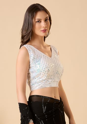 S SALWAR STUDIO White V Neck Pearl Beaded Readymade Blouse