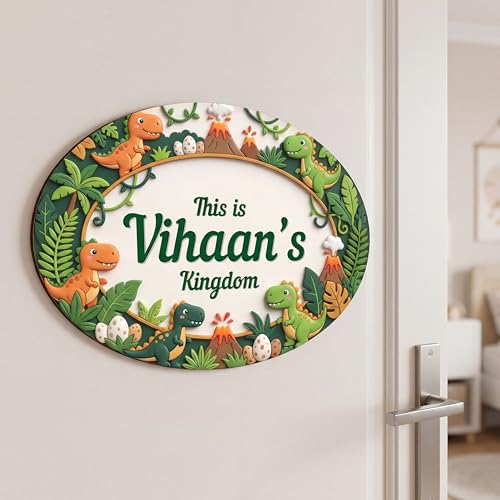 DELWOR Personalized Kids Name Plate for Room Door | Custom Dinosaur Theme Name Board for Boys & Girls | 4mm MDF Wooden Door Name Sign | Nursery Room Decor | Personalized Gift for Kid on Birthday For Boy & Girl
