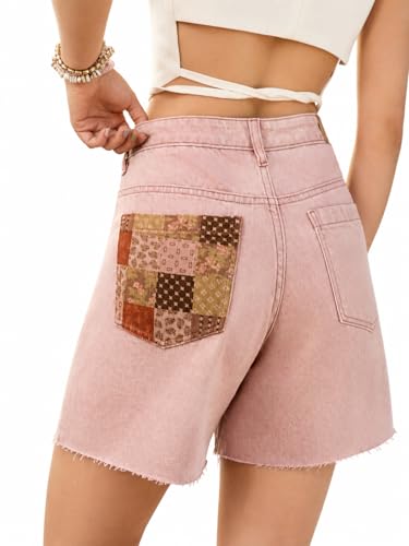 The Souled Store Pink Lemonade Women Buttoned Waistband Light Pink Patchwork Cotton Denim Regular Fit Raw Hem High Rise Lightweight Everyday All-Season Casual Denim Shorts