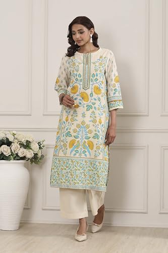 Biba Women Off White Cotton Straight Kurta_32
